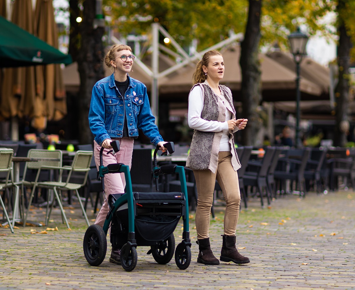 Rollz Motion Performance rollator with air tyres used on cobblestones