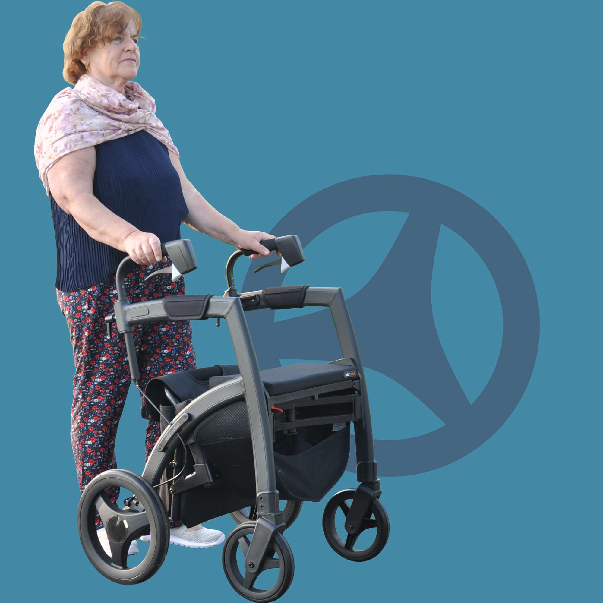 Woman walking stable with a Parkinson rollator with cues