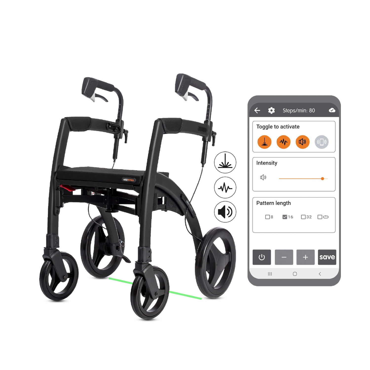 Rollz Motion Rhythm rollator with cues and app for Parkinson