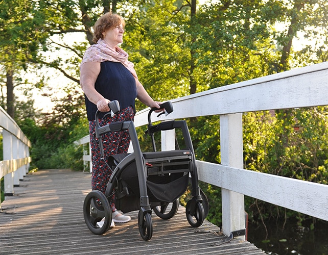 Walking with a Rollz Motion walker over a bridge