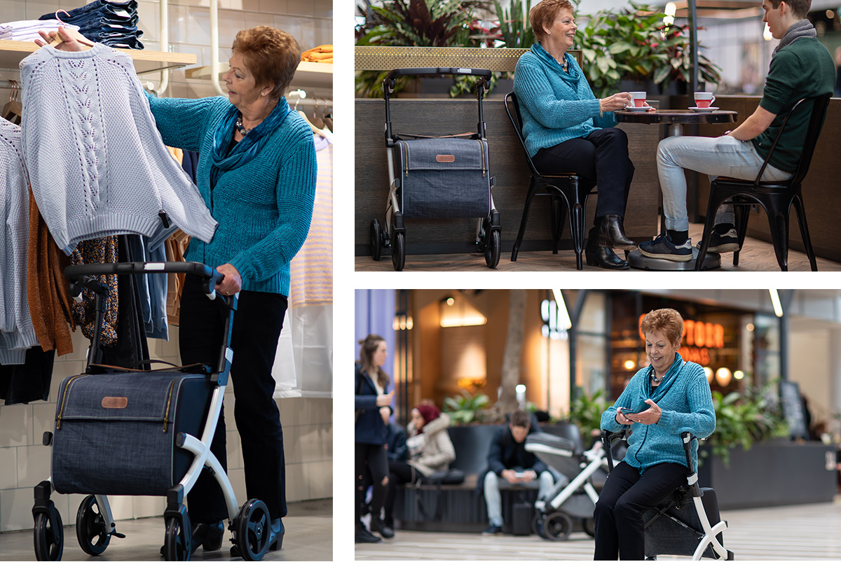 Woman using a Rollz Flex rollator with classic brake when going out for a shopping day