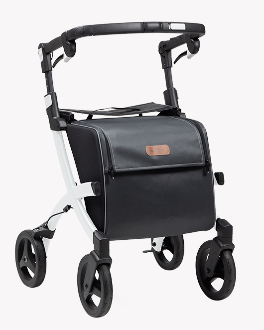 Rollz Flex 2 rollator with white frame and smokey grey bag