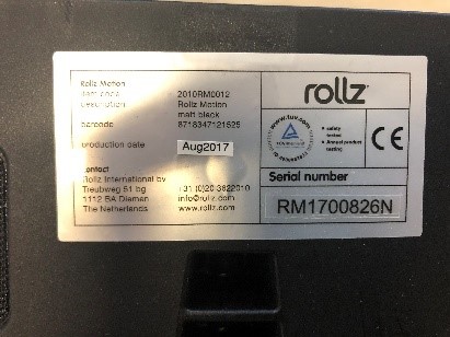 The Rollz Motion serial number can be found on the seat of the Rollz Motion, under the cushion.