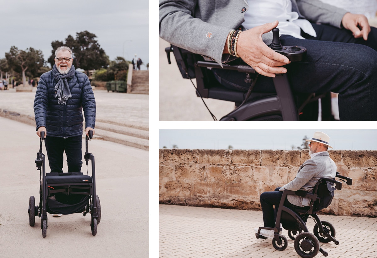 Moodboard showing a man using a Rollz Motion Electric rollator in different ways