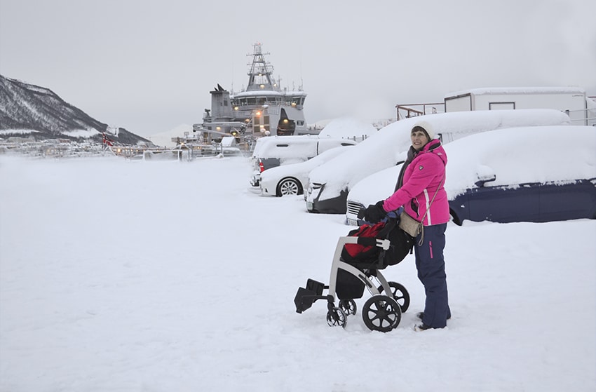 Woman having holidays in Lapland with a Rollz Motion rollator