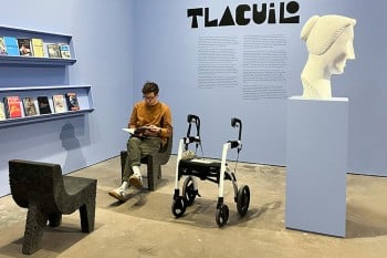 Man using mobility aids in a museu