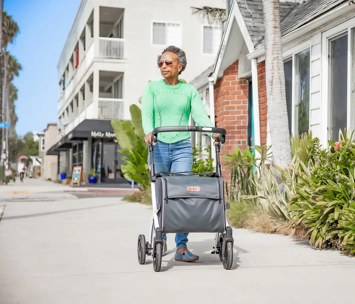 walking with a lightweight rollator walker
